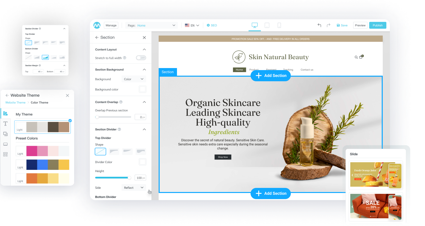 จุดเด่นสำคัญของฟีเจอร์การออกแบบเว็บไซต์สวย สามารถออกแบบ layout ได้หลากหลาย เพียงคลิกลากวาง บนระบบทำเว็บไซต์สำเร็จรูป MakeWebEasy Version4